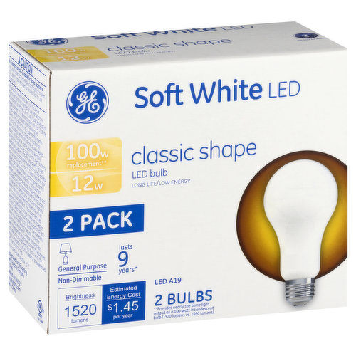 2 bulbs. General purpose. Non-dimmable. LED A19. Classic Shape. Long life/low energy. 100 Watts replacement (provides nearly the same light output as a 100-watt incandescent bulb [1520 lumens vs 1690 lumens]). Last 9 years (based on 3 hours per day. Electricity cost savings based on using the bulb for 10,000 hour rated life at 11 cents per kilowatt hour compared to ten 100-watt incandescent bulbs [rated life 1000 hrs]). Brightness: 1520 lumens. Estimated Energy Cost: $1.45 per year. Product Features: Worry-free use and disposal; A19 Shape and size; Mercury free. Save $96 on energy (based on 3 hours per day. Electricity cost savings based on using the bulb for 10,000 hour rated life at 11 cents per kilowatt hour compared to ten 100-watt incandescent bulbs (rated life 1000 hrs) per bulb. LED Lamp. 3 year limited warranty. See back for details. UL listed. www.gelighting.com. Made in China. Brightness Quantity: 1520 lumens. Energy Info: $1.45 based on 3 hrs/day, 11¢/kWh. Cost depends on rates and use. 12 watts. Package Info: 2-Pack. 2. Voltage: 120 volts. Bulb Info: LED. Screw. Bulb Life: 9.1 years based on 3 hrs/day, 11 cents/kWh. Cost depends on rates and use. Bulb Appearance: 2700 k.