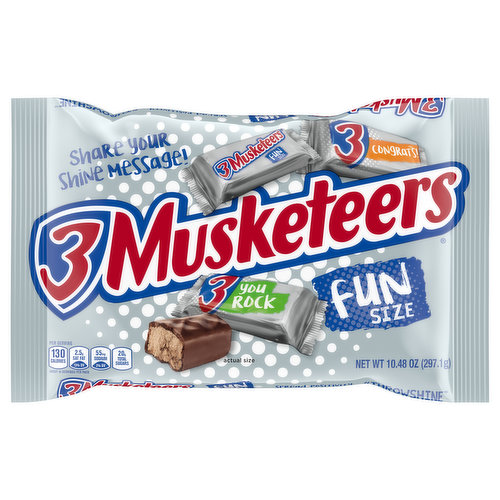 Whipped up, fluffy chocolate-on-chocolate taste. Per Serving: 130 calories; 2.5 g sat fat (13% DV); 50 mg sodium (2% DV); 20 g total sugars. Partially produced with genetic engineering. Shake your shine message! Spread positivity. www.3musketeers.com. (hashtag)throwshine. We value your questions or comments. Call 1-800-551-0698 or visit us at www.3musketeers.com. Please save the unused product and wrapper.