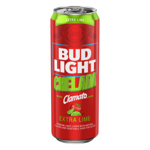 Lager beer with natural flavor and certified color. Per 12 fl oz: Average Analysiz: Calories: 161; Carbohydrates: 18.4 g; Protein: 1.5 g; Fat: 0.0 g. Extra lime made with clamato. Enjoy responsibly. Chelada Extra Lime is the perfect balance of Clamato's authentic flavor with the refreshment of Bud Light and an extra hint of lime. Enjoy it straight from the can or make it your own. TapIntoYourBeer.com. Questions/comments call 1-800-Dial-Bud (1-800-342-5283). TapIntoYourBeer.com. Please recycle. 4.2% alc./vol. 8.4