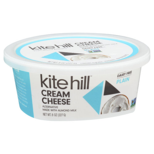 Alternative made with almond milk. Almond milk cream cheese alternative. No artificial flavors or preservatives. Dairy free. Soy free. Gluten free. Vegan. Kosher. Non GMO. Non GMO Project verified. nongmoproject.org. Our dairy free cream cheese alternative is velvety smooth, with a rich, subtly sweet flavor. Kite Hill was founded by an artisan chef, and you can tell in every delicious bite. Our cream cheese style spread is crafted with cultured almond milk for a truly mouth-watering experience. Eating plant-based foods feels great and the taste is irresistible. Made from live cultures. kite-hill.com. (at)kitehillfoods. BPA free.