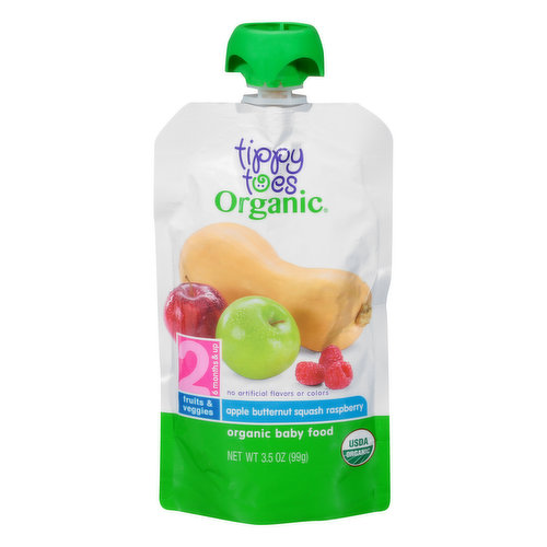 Fruits & veggies. Tippy Toes Organic fruit & veggie baby food in pouches are the perfect way to introduce your little one to a way of eating that's full of vibrant tastes and textures! No salt added. BPA free portable packaging.