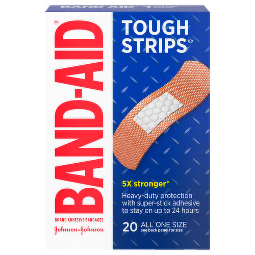 Band-Aid Brand Tough Strips Extra Durable Adhesive Bandages provide heavy-duty, durable first aid & wound care protection that stays with you all day. These sterile, extra durable Band-Aid Brand bandages are made with Dura-Weave heavy-duty fabric & Super Stick adhesive to stay on up to 24 hours. Made with Quilt-Aid comfort pads, these durable bandages cushion & protect painful wounds to help prevent re-injury. Band-Aid Brand Tough Strips Extra Durable Adhesive Bandages have a hurt free, non-stick pad that won't stick to the wound for pain-free removal. The 4-sided seal of these durable fabric bandages protects minor cuts, scrapes & burns from dirt & germs that may cause infection & delay healing. Please note that while Band-Aid Brand Tough Strips are ideal for use as first aid supplies, they are not recommended for sensitive or delicate skin. This package contains 20 heavy-duty sterile bandages, each measuring 1.75 by 4 inches & comes from the #1 doctor recommended brand.