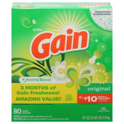 3 Months of Gain freshness! Amazing value! (Based on 5 medium loads per week). Get up to $10 worth of coupons (While supplies last. See more side panel for details. Printable coupons available at www.pggoodeveryday.com/coupons. While supplies last. No purchase necessary. Terms and conditions apply. Call 1-800-888-4246 with questions.). HE For all machines. Cleans in cold water. Free of phosphates. Approximate fill.