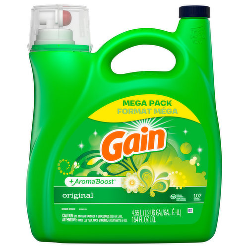 Gain Original Liquid Laundry Detergent infuses your clothes with the fragrance of the green, clean, airy outdoors, so you're always just one quick sniff away from the most invigorating scent experience known to humankind. Equipped with the cleaning power of Oxi Boost, and the odor-removal properties of Febreze, Gain Liquid Laundry Detergent provides you with excellent results wash after wash! Get rid of set-in odors and two-weeks old stains with the power of Oxi Boost, composed of highly effective pre-treaters, surfactants, and enzymes. Packing 50% more scent compared to regular Gain powder detergent, you can now revel in the ahhhmazing scent of Gain Liquid Laundry Detergent for up to six weeks from wash