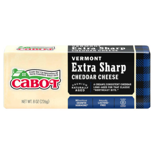 Contains 0 g of lactose per serving. Naturally lactose-free. From our co-operative of farm families since 1919. Premium naturally aged. A creamy, consistent cheddar long-aged for that classic Northeast bite. No artificial growth hormone (). Contains no animal rennet. Certified B Corporation. We're helping those that help others. Learn more at cabotcheese.coop.
