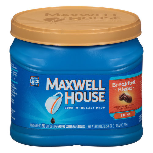 Makes up to 210 6 fl oz cups. Light & bright, a good start to the day. Flavor lock pack. Good to the last drop. Good to the last drop every time: Our original roast was first served to the guests of the Maxwell House Hotel in 1892. The guests loved it so much that the hotel ran out after a few days and had to return to its usual brand. After patrons complained, Maxwell House became the only coffee served at the hotel. That's how we got our name, and our coffee has been good to the last drop ever since. maxwellhouse.com. Facebook. Like us on Facebook: www.facebook.com/maxwellhouse. Learn more at: maxwellhouse.com or call us at: 1-800-432-6333.