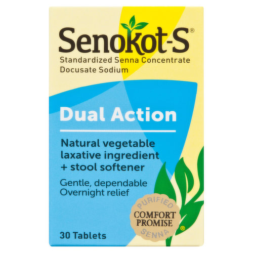 Senokot-S Laxative Ingredient + Stool Softener, Natural Vegetable, Dual Action, Tablets