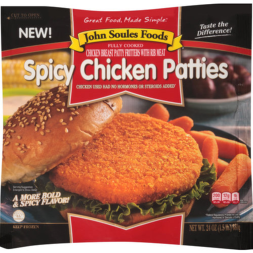 New! Great food, made simple. Fully cooked. Chicken used hand no hormones or steroids added (Federal Regulations Prohibits the use of hormones or steroids in poultry). Taste the difference! Lightly breaded. A more bold & Spicy flavor! ! Inspected for wholesomeness by US Department of Agriculture. Per Serving: 200 calories (10% DV); 12 g total fat (18% DV); 9 g protein (18% DV). The Customer Matters to Us. At John Soules Foods our goal is to give you the best product we can make. We use premium white meat chicken. superior breading, flavorful blends of seasoning and sauces to deliver the quality you expect. It is important to us that all of our products are made with the same care you would make for your family. From our kitchen to yours, enjoy. Satisfaction Guarantee. If you are not completely satisfied with this product, we will refund your purchase at 1-800-338-4588. Resealable strip! Just peel off from edge and stick back on bag as indicated. For great recipes www.jsf4u.com/recipes. From Our Kitchen to yours, enjoy! Try Some of Our Other Great Products. John Soules Foods makes flavorful grilled products that are easy and convenient your family to prepare great, wholesome meals. We sell a full line of fully cook chicken and beef products that use No Artificial Ingredients.  Look in the frozen and refrigerated sections of your local grocery store. Enjoy! Let's get social! John Soules Foods visit us today. Facebook. Twitter, Youtube. Pinterest. Instagrams. Google. JohnSoulesFoods.com. Breading is set in vegetable oil.