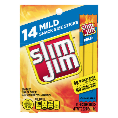 Slim Jim Smoked Snack Stick, Mild, Snack Size, 14 Pack
