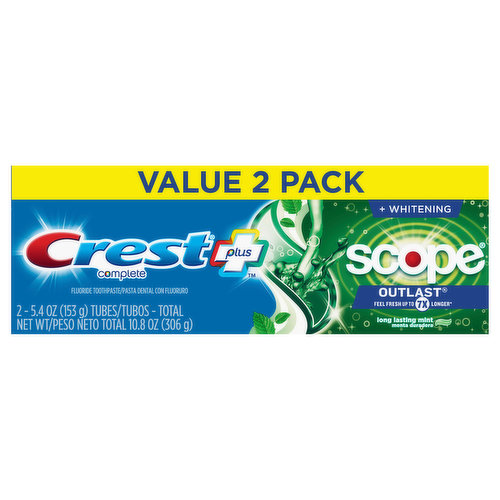Feel fresh up to 7x longer (vs. ordinary toothpaste). Long lasting mint. Fights cavities; removes surface stains; freshens breath + The lasting freshness of scope outlast.