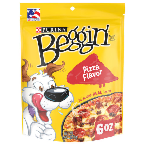 Unleash your dog's inner party animal with Purina Beggin' Pizza Flavor dog treats. Your dog is sure to flip for these chewy dog treats with the yummy aroma and irresistible flavor of a cheesy, bacony pizza slice. Watch his anticipation build as you open the dog treat pouch and he gets a whiff of these adult dog treats made with real bacon. With real meat as the first ingredient, these dog jerky treats indulge his love for big, bold flavor. As your pal expresses his uncontainable joy, you can delight in knowing we make these pizza-flavored dog treats with no artificial flavors or FD and C colors. Use these pet snacks fordogs as an anytime treat that gets his mouth watering and his tail wagging. Purina Beggin' pizza flavored dog treats are also bark-tastic training rewards that motivate him to be on his best top-dog behavior. Ordinary days become days of canine celebration with Purina Beggin' jerky dog treats, which are produced in USA facilities for dog snacks your dog will love. These pizza-flavored strips for dogs get doggie-feet dancing and tongues lolling just like Hamlet, Beggin's bacon-loving mascot. It's easy to speak your BFF's love language by rotating between the full line of Purina Beggin' Strips bacon flavor dog treats. Keep your mutt guessing which of the delectable dog treats with real meat is next on the menu, and enjoy the fun in every shared moment.