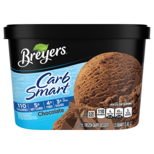 Carb-watchers, this lower-carb frozen treat is for you! Breyers CarbSmart™ Chocolate is a frozen dairy dessert with 5g net carbs+, 3g of sugar, and 110 calories per serving. Ice cream is delicious, but if you're watching your sugars and carbs, it may not be such a sweet deal. With Breyers CarbSmart™, you don't have to sacrifice taste and quality to enjoy a carb-conscious frozen dessert. Your sweet tooth can indulge in a smooth, creamy chocolate treat. In 1866, William Breyer took his passion for creating high-quality desserts and set out to start his brand of ice cream, Breyers. Thanks to his commitment to delivering delicious ice cream treats using only local and simple ingredients, the Breyers brand was soon known and loved all across America. Today, Breyers continues the commitment to use only high-quality ingredients made by William Breyer over 150 years ago. And that's what we still do today. Our Breyers CarbSmart™ Chocolate abides by our Pledge to use 100% Grade A milk and fresh cream from American cows not treated with artificial growth hormones* and vanilla from sustainably sourced farms in Madagascar, in partnership with the Rainforest Alliance. Looking for other carb-conscious options? Try our CarbSmart™ Vanilla or our novelty bars in Almond, Vanilla and Fudge! We are proud to offer a wide variety of flavors for every preference and palate, including CarbSmart™ Vanilla. But we're not satisfied yet! Our commitment to delivering great products is constantly evolving. We are listening to what our consumers say about how our products taste and what we put into them so that we can find ways to deliver better-quality products you love. Be sure to visit Breyers.com to learn more about our wide variety of delicious desserts! *Suppliers of other ingredients such as cookies, candies and sauces may not be able to make this claim.