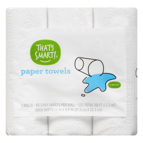 60 2-ply sheets per roll. 121.75 total sq ft (11.1 sq m). Each Sheet: 11 in x 8.8 in (27.9 cm x 22.3 cm). Satisfaction guaranteed or your money back. thatssmartbrand.com. Scan for more information or call 1-888-423-0139.