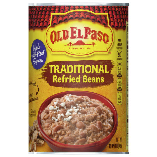 Old El Paso Traditional Refried Beans create a delicious base for any Mexican food or tasty side dish. Made with just the right amount of spices, these canned beans are ready to add to tacos, burritos, nachos or any Mexican dish. Simply heat them up in the microwave or on the stovetop and enjoy. Tonight, we taco!
For more than 80 years, Old El Paso has been bringing families and communities together to celebrate old and new traditions around delicious, Mexican-inspired flavors. We believe that any night can be a taco night, and we’re here to help make it a little easier and a lot more delicious. Our variety of crispy hard taco shells, tasty soft tortillas, flavorful seasonings, and much more help make taco night fun.