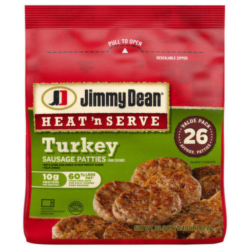 Jimmy Dean Heat 'N Serve Frozen Breakfast Turkey Sausage Patties help brighten up your morning meal. Made with quality turkey that is seasoned to perfection with a signature blend of spices, these frozen sausage patties are a delicious addition to any meal. Simple to prepare and ready in minutes, just microwave the breakfast sausage patty or heat it on the stovetop.