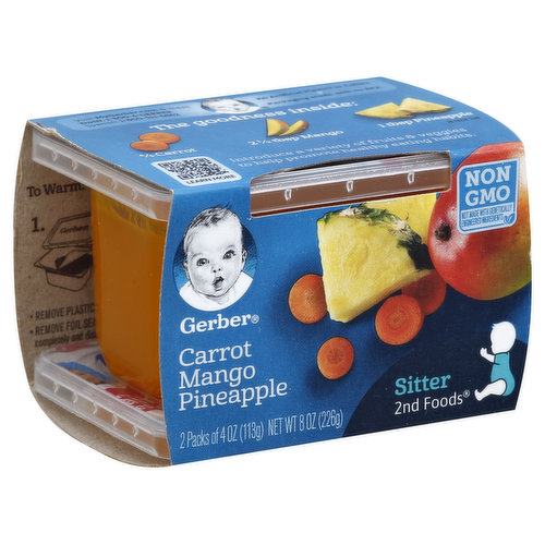 No artificial flavors or colors. Non GMO. Not made with genetically engineered ingredients. The Goodness Inside: 4/5 carrot; 2-1/2 tbsp mango; 1 tbsp pineapple. In each tab. Introduce a variety of fruits & veggies to help promote healthy eating habits. Learn more. Visit MyGerber.com & meet Dotti, 1-800-4-Gerber. Packaging made with no BPA. Inner units not labeled for retail sale.