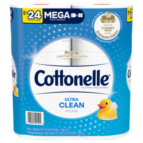 Discover the power of all day fresh feeling with Cottonelle Ultra Clean Toilet Paper. With Cottonelle Ultra Clean Toilet Paper, you get 6 Mega Rolls of 312 sheets, so you have plenty of toilet paper for you and your loved ones. Our septic-safe, 1-ply toilet tissue paper is 3x stronger** and 2x more absorbent** for a superior clean***. Our toilet tissue rolls are even conveniently designed to fit standard roll holders and each Mega Roll lasts 4x longer than the leading brand’s regular roll. Plus, our bath tissue toilet paper is free of added perfumes and dyes and paraben-free. Use with Cottonelle Flushable Wipes to feel shower fresh! Wondering if our bathroom toilet paper is sustainable? Good news! Our biodegradable bathroom tissue paper is sourced from responsibly managed forests and made with water and renewable plant-based fibers, so you can feel ahhh-mazing whenever you buy Cottonelle. *vs. leading value brand regular rolls **vs. leading value brand ***per sheet vs. leading value brand