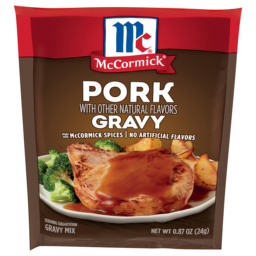 McCormick Pork Gravy Seasoning Mix is your shortcut to homestyle gravy in minutes. Serve this deliciously smooth gravy over holiday as well as everyday meals of roast pork, pork chops, hot meat sandwiches, mashed potatoes, noodles or stuffing.With just 5 minutes of prep, this gravy is simple and fast. Simply whisk 1 pkg. mix with 1 cup water in a saucepan, bring to a boil, simmer for 1 minute and it’s ready to serve. Made with an expert blend of McCormick spices and no artificial flavors or added MSG*, so you can pour it over pork or side dishes knowing you're serving your family the very best, without the guilt. Our versatile gravy mix is also a great recipe starter for dips.*Except those naturally occurring glutamates.