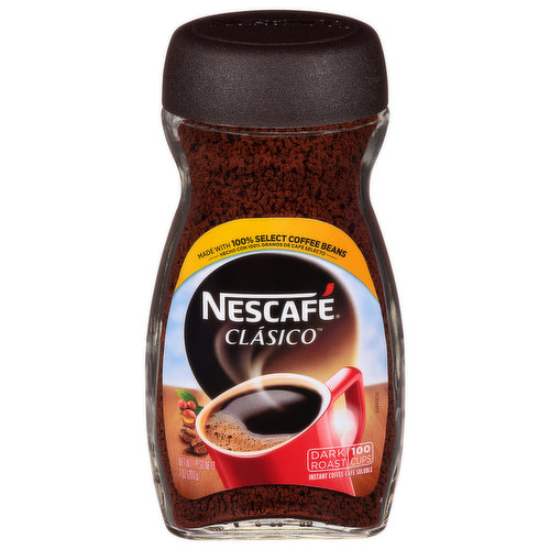 Nutritional Compass: Nestle - Good food, good life. Good to Connect: www.nescafe.com/us. Call or text 1-800-709-4782. Made with 100% select coffee beans. 100 cups. Rich, bold flavor in every cup. www.nescafe.com/us. how2recycle.info. SmartLabel: Scan for more info. Grown respectfully. Nescafe helps coffee producers improve their livelihoods. We have distributed over 129 million high yield coffee plantlets to farmers. For more information visit nescafeusa.com/sustainability.
