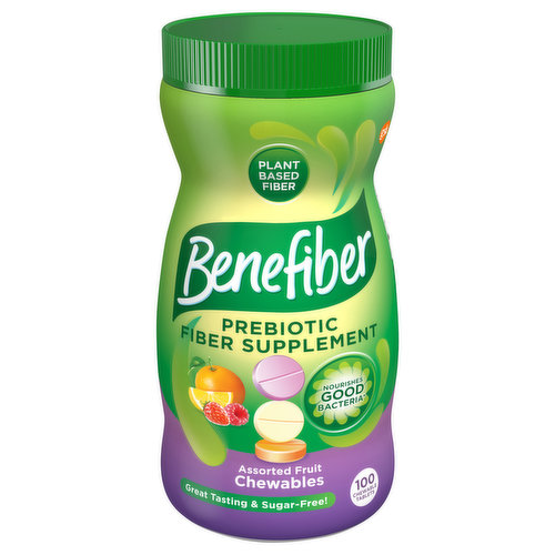 Plant based fiber. Nourished good bacteria. Great tasting & sugar-free! No water required. Benefiber Chewable Tablets - all the goodness of benefiber in a great-tasting easy to take chewable tablet! Benefiber is a plant based prebiotic fiber. What is Prebiotic Fiber? Prebiotic fiber strengthens and nourishing the good bacteria in your gut to support an environment for good digestive health. What's good for your gut is good for you.