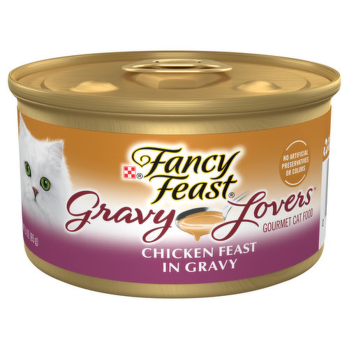 Calorie Content (ME, Calculated) 798 kcal/kg, 67 kcal/can. Fancy Feast Gravy Lovers Chicken Feast In Gravy is formulated to meet the nutritional levels established by the AAFCO Cat Food Nutrient Profiles for maintenance of adult cats.