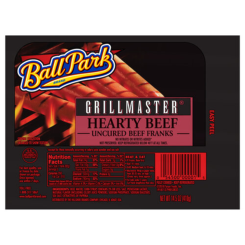 Ball Park Ball Park Bun Length Hot Dogs, Grillmaster Hearty Uncured Beef, 5 Count