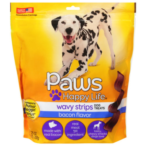 Paws Happy Life Dog Treats, Bacon Flavor, Wavy Strips