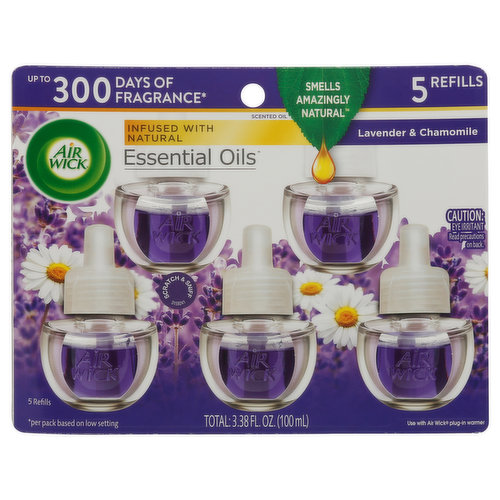 Up to 300 days of fragrance (per pack based on low setting). Smells amazingly natural. Infused with natural essential oils. Scratch & sniff. Use with Air Wick plug-in warmer. Scented oil for electrical plug warmer. Long lasting fragrance. Free from phthalates, acetone.