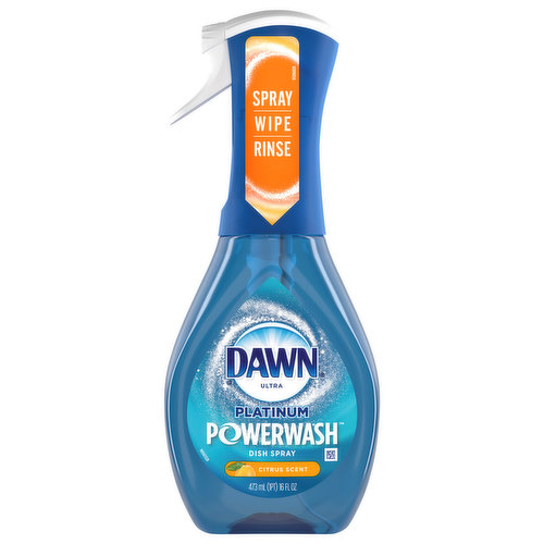 Dawn Platinum Powerwash Dish Spray, Dish Soap is the faster, easier way to clean as you go. The spray activated suds cut through grease on contact, without water for 5X Faster* Grease Cleaning (*vs Dawn Non-Concentrated). Just Spray, Wipe, and Rinse to stay ahead of the mess and get done faster. Dawn Powerwash is great for all your dishes with its unique spray technology even your hard to reach items, like blenders and baby bottles, are easy to clean. Just, Spray, Wipe, and Rinse. For tough messes, allow the suds to sit for a few minutes than just wipe and rinse away all the grease and suds. Available in easy to use refills and comes in three amazing scents; Fresh, Apple, and Citrus.