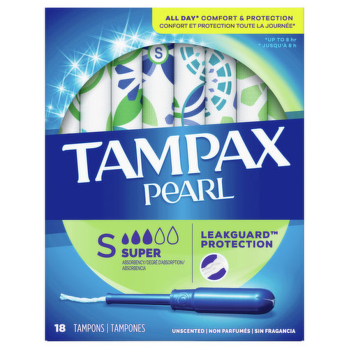It’s time to Tampax and live your life without limits. Get incredible all day comfort and protection for up to eight hours with Tampax Pearl tampons. Choose from five different absorbencies to match your changing flow. Got leaks? Go up an absorbency. Uncomfortable to remove? Go down an absorbency. Designed with a LeakGuard Braid to help stop leaks before they happen. Tampax Pearl Super Absorbency provides protection you can feel good about. Free of dyes, perfume, latex*, BPA, and elemental chlorine bleaching. Plus, inserting the tampon is made easy thanks to the applicator’s Anti-Slip Grip, while Tampax FormFit protection lets it gently expand to your individual shape. Ready to ditch the leaks? Get amazing protection with Tampax, the #1 U.S. Gynecologist recommended tampon brand**. Discover your perfect flow combo and get the protection you need.*natural rubber latex**based on 2020 survey
