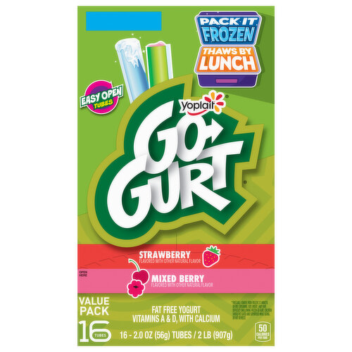 Go-Gurt Yogurt, Strawberry/Mixed Berry, Fat Free, Value Pack