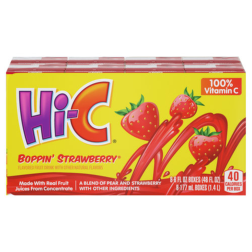 Flavor your fun with real fruit juice. Anytime. Anywhere. Each Hi-C juice box contains a full days supply of Vitamin C, is made with 3% real fruit juice, and has the great taste your kids love.Discover this explosive strawberry flavor a boppin beverage that gets you movin and groovin.Available in convenient and portable 6 fl oz juice boxes for kids.