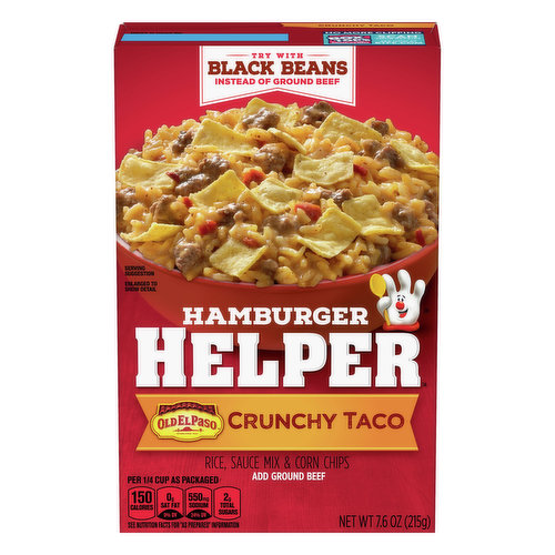 Rice, sauce mix & corn chips. Per 1/4 Cup as Packaged: 150 calories; 0 g sat fat (0% DV); 550 mg sodium (24% DV); 2 g total sugars. See nutrition facts for as prepared information. Contains bioengineered food ingredients. Established 1938. Add ground beef. www.HamburgerHelper.com. how2recycle.info. btfe.com. generalmills.com. Looking for more ways to add a fresh twist? visit hamburgehelper.com. Learn more at Ask.GeneralMills.com. Questions? Call 1-800-828-3291.www.HamburgerHelper.com. Box Tops for Education: No more clipping. Scan your receipt. See how at BTFE.com. 100% recycled paperboard.
