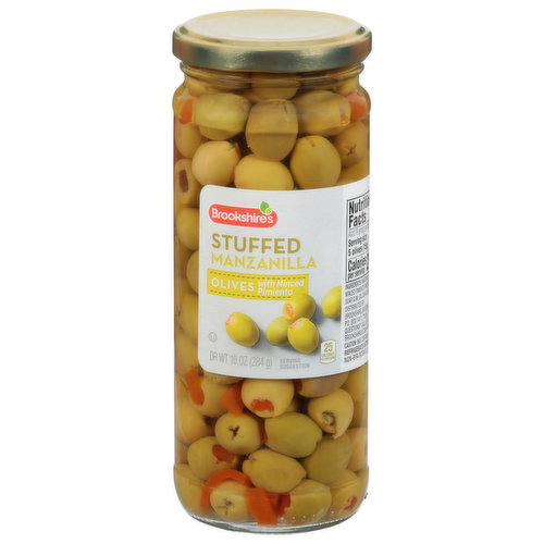 25 calories per 5 olives serving. If you're not happy, we're not happy - 100% satisfaction, 100% of the time, guaranteed! brookshires.com. Questions? Call us at 1-903-534-3000; brookshires.com. Non-BPA intent lid. Product of Spain.