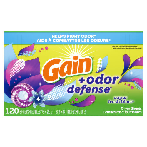 Gain Gain + Odor Defense Dryer Sheets, Super Fresh Blast Scent, 120 ct
