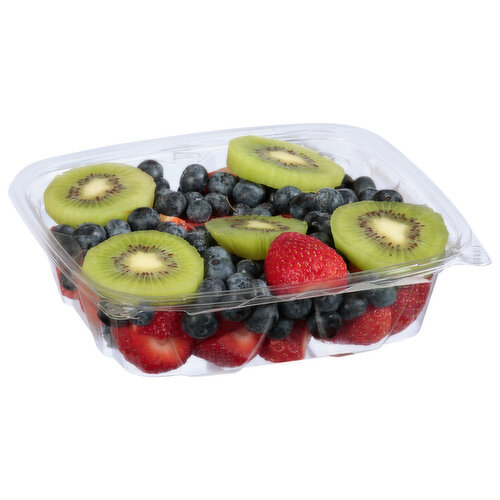 Fruit Smoothies In Plastic Cups With Blueberry, Strawberry, Kiwi