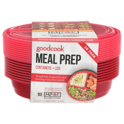 Thoughtfully designed for meal planning and portion control. Includes bonus starter guide by. Meal Prep on Fleek. Microwave, freezer and dishwasher safe. 3-compartment entree and 2 sides. Secure, snap-on lids. Live well, prep healthy. Goodcook and Meal Prep on Fleek give you the tools & resources to plan healthy, time-saving meals that are easy to make and convenient to store. ingredients. Includes bonus meal prep starter guide by Meal Prep on Fleek. Make-ahead meals. Batch cooking/freezing individually portioned meals ready-to-cook ingredients.