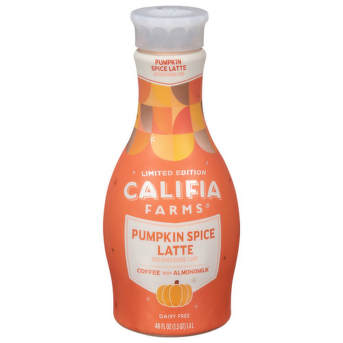 Pronounced Cal-uh-fee-ahh. Just like our California home, we're named after the legend of Queen Califia. 100% arabica coffee. Your favorite flavors in your favorite latte, ready to drink! Our smooth cold brew featuring creamy almond milk, real pumpkin puree and festive spices of cinnamon, ginger and nutmeg. Cheer up your cup this season. Carrageenan free. Always plant-based. Rainforest Alliance People & Nature. Rainforest Alliance Certified Coffee. Fond out more at RA.org.