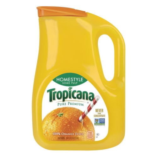110 calories per 8 fl oz serving. Non GMO Project Verified. nongmoproject.org. Pasteurized. Some pulp. Never from concentrate. tropicana.com. Setting is natural questions or comments? Call 1-800-237-7799. Visit tropicana.com for more nutrition information. Please recycle. Contains orange juice from US and Brazil.