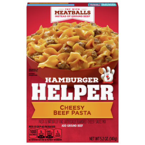 Cheesy Beef Pasta Hamburger Helper is a delicious beef pasta entrée, blending pasta and cheesy sauce. Add Your Own Twist! Turn this flavor up! Stir in sliced carrots just before simmering. Stir in cooked chopped bacon and cooked peas just before serving.