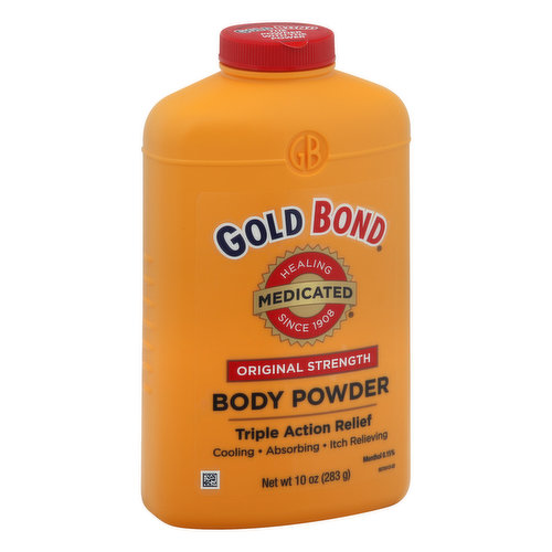 Healing medicated since 1908. Cooling. Absorbing. Itch Relieving. Menthol 0.15%. The powder with the power. Genuine medicated relief since 1908. Gold Bond Body Powder's triple action formula blends a medically proven ingredient with the finest powder and essential oils to cool and soothe skin, absorb excess moisture and stop itch. Gold Bond is medicated to work hard in relieving skin discomforts yet Gold Bond is gentle enough to be used every day. After shower, bath or exercise, apply gold bond for deodorant protection and a cool refreshing feeling. This product is sold by weight, not by volume. Some settling will occur during handling and shipping. GoldBond.com. Visit us at GoldBond.com. Try these other fine products from the makers of Gold Bond: Gold Bond Extra Strength Body Powder: Provides extra coolness, extra absorption, and extra itch relief. Gold Bond Foot Powder: Absorbs moisture, stops odor and itch, cools, and soothes tired feet.