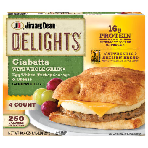 Jimmy Dean Jimmy Dean Delights Turkey Sausage, Egg White and Cheese Ciabatta Sandwiches, 4 ct Pack, 18.4 oz Box