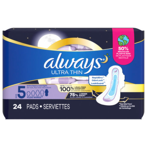 Always Pads, with Flexi-Wings, Extra Heavy Overnight, Unscented, Size 5 -  Brookshire's