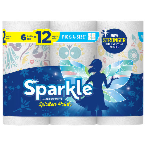 Sparkle® Pick-A-Size® Spirited Prints Paper Towels with Thirst Pockets® are designed with a perforation in each sheet so you can pick between a full size or half size sheet for your everyday tasks. Each Double Roll contains 110 2-ply sheets. Sparkle® Paper Towels with Spirited Prints designs include stylish designs that can brighten up your home and are just right for cleaning up your everyday messes without cleaning out your piggy bank. Whether you need to clean up a mess in your kitchen, take care of small spills, shine up your windows and mirrors, wipe your hands or face clean or add a pop of color to your home, Sparkle® Pick-A-Size® Spirited Prints Paper Towels allow you to spend less on your everyday messes.