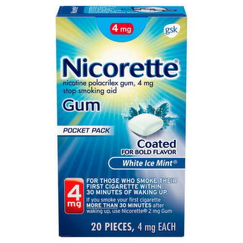 Other Information: Each piece contains: calcium 94 mg, sodium 13 mg. Store at 20 - 25 degrees C (68 - 77 degrees F). Protect from light and humidity. Coated for bold flavor White Ice Mint. Nicotine polacrilex gum, 4 mg. For those who smoke their first cigarette within 30 minutes of waking up. If you smoke your first cigarette more than 30 minutes after waking up, use Nicorette 2 mg gum. www.Nicorette.com. For more information and for a free individualized stop smoking program, please visit www.Nicorette.com or see inside for more details. Questions or comments? Call toll-free 1-800-419-4766. Made in Sweden.