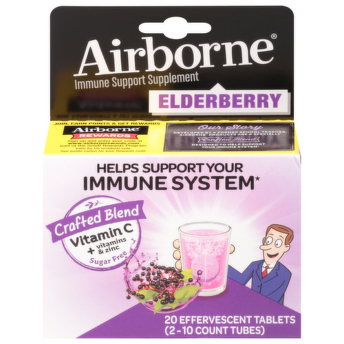 High in antioxidants (Vitamins A, C & E). Excellent source of zinc & selenium. Helps support your immune system. Crafted blend. Vitamin C + vitamins & zinc. Our Story: Developed by a former school teacher, Airborne products are a specially crafted blend designed to help support your immune system. A crafted blend you can trust. 1 Effervescent tablet = High in antioxidants (Vitamins A, C & E); Excellent source of zinc & selenium; Color from natural sources; Original herbal blend including echinacea & ginger.