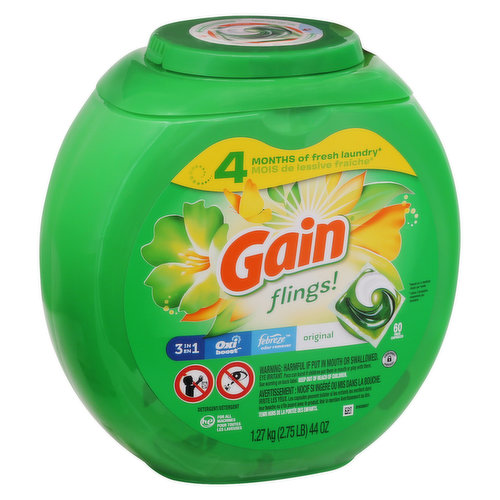 4 months of fresh laundry (Based on 3 medium loads per week). Flings! 3 in 1. Oxi boost. Febreze odor remover. Original. Anti-theft. he. For all machines. Contains no phosphate. Small/Medium. Large/X-Large. XX-Large.