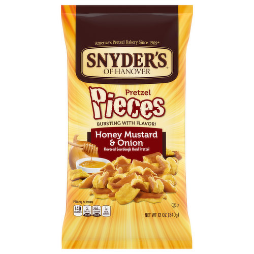 America's pretzel bakery since 1909. Bursting with flavor! Wow! Bursting with flavor! The perfect way to describe the delicious Snyder's of Hanover Honey Mustard & Onion Pretzel Pieces. Generous chunks of our sourdough hard pretzels deliver the yum of tangy mustard, mild onion flavor and the sweetness of honey. You'll love the crunch, hearty satisfaction and bold flavor found in each and every bite. Starting with a century old family recipe and only the finest ingredients, each pretzel is slow baked to perfection. With so many Snyder's of Hanover varieties and flavors to choose from, the only question is which is your favorite? We are not connected with Snyder of Berlin, Berlin, PA 15530.