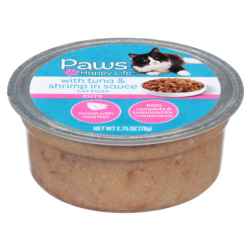 Calorie Content (calculated): Metabolize Energy (ME): 761 kcal/kg; 59 kcal/bowl (2.75 oz/78 g). Paws Happy Life With Tuna & Shrimp in Sauce Cat Food is formulated to meet the nutritional levels established by the AAFCO Cat Food Nutrient Profiles for maintenance.