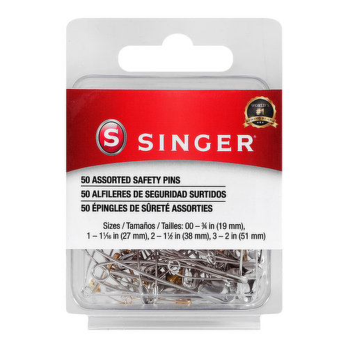 The SINGER Assorted Sized Safety Pins in Silver and Gold are used by sewers, crafters, and everyone in between. They are a collection of 50 assorted safety pins is the perfect addition to a sewer’s sewing kit. Four different sizes of safety pins can be used for quilting, crafts and garment fixes. This package includes 50 safety pins. Sizes include 00 – ¾ inch, 1 – 1 1/16 inch, 2 – 1 ½ inch, and 3 – 2 inches. Fasteners are made of nickel-plated steel and gilt-plated steel, which are rust-resistant and durable.